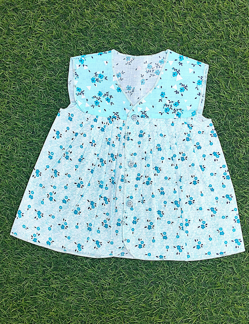 Soft, Stylish & Comfortable-Sky Blue Floral  Sleeveless Frocks